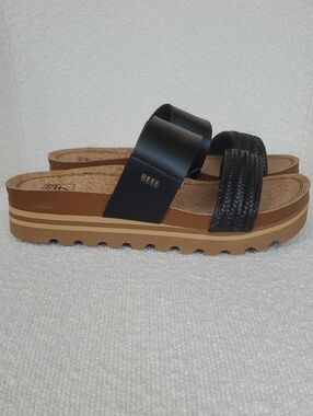 NWT Reef Cushion Vista HI Women's Black & Tan Cork-Style Platform Sandals Size 8